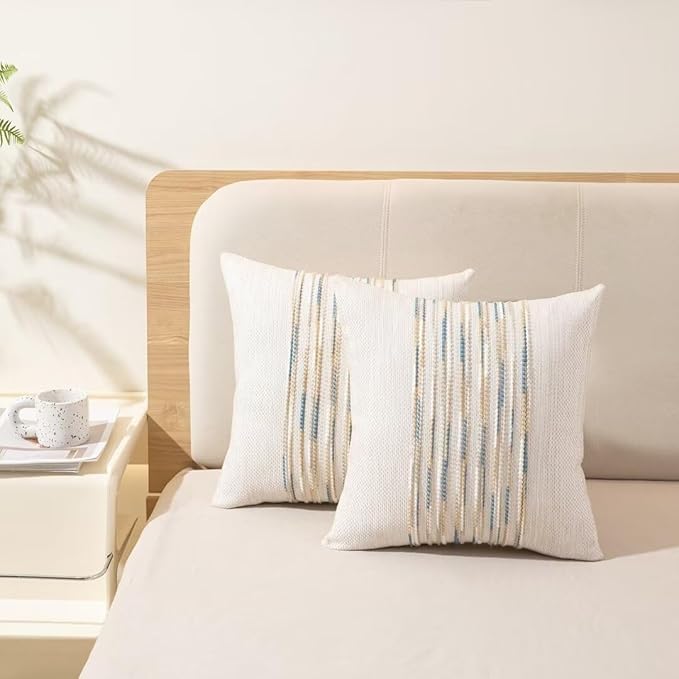 Boho Throw Pillow Covers 18x18 Set of 2 Farmhouse Decorative Cushion Case Striped Square Pillows Cover Chenille Pillow Cases Accent Neutral Pillowcase for Sofa Couch Bed,Yellow-Blue-Ruum Studio Home
