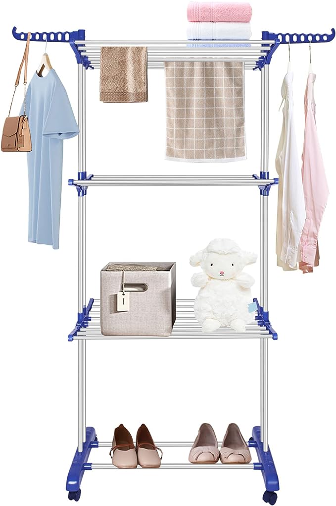 Bigzzia Clothes Drying Rack, Folding Stainless Steel Drying Rack Clothing Indoor Outdoor, Space-Saving, 4 Tier Laundry Drying Rack with Two Side Wings Grey Blue-Ruum Studio Home