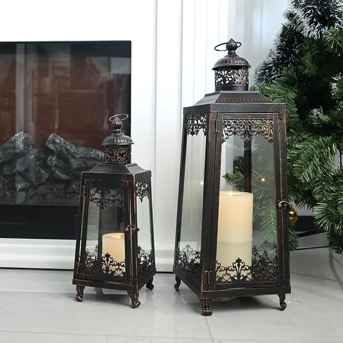 NEEDOMO Lanterns Decorative Outdoor & Indoor, Set of 2 Outdoor Lanterns for Porch,Large Candle Lantern, Bronze Metal Frame with Glass for Fall, Christmas-Ruum Studio Home