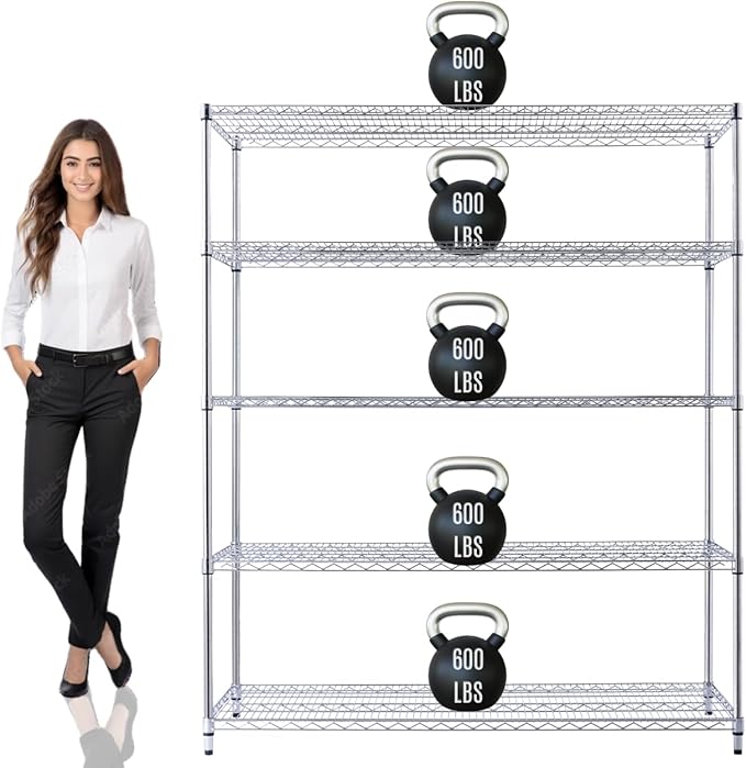 60"x24"x72" PRIME HEAVY DUTY Chrome 5-Tier Wire Shelving NSF 3000 LBS MAX Capacity Storage Rack for Commercial, School, Home, Garage, Warehouse, Industrial, and Hospital Uses (with Wheels)-Ruum Studio Home