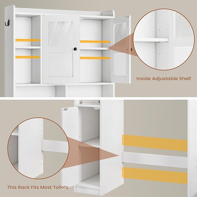 Itaar Over The Toilet Storage Cabinet, Over Toilet Bathroom Organizer with Glass Doors & Toilet Paper Holder Stand, Home Space-Saving Toilet Rack, for Bathroom, Restroom, Laundry(White)-Ruum Studio Home