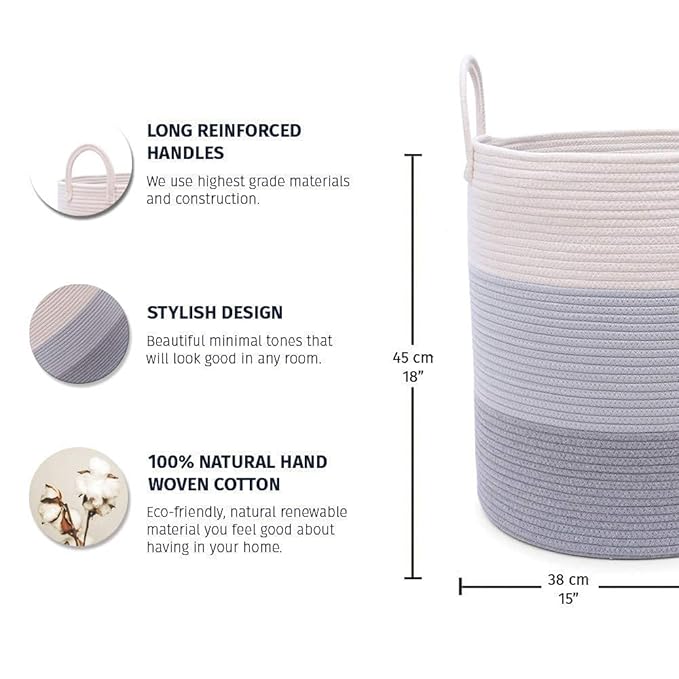 OrganiHaus Gray Nursery Laundry Basket 15x18 | Farmhouse Hamper Basket | Extra Large Storage Basket | Blanket Basket for Living Room | Baby Laundry Hamper | Toy Basket for Kids | Soft Pillow Basket-Ruum Studio Home