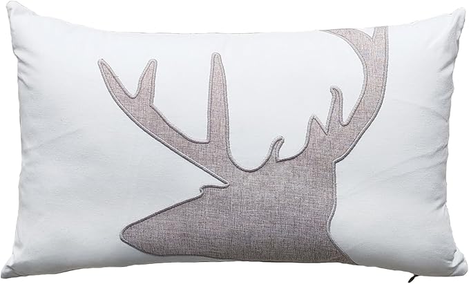 Lumbar Pillow Covers 12x20 Inches Deer Decorative Cotton Linen Deer Head Throw Lumbar Waist Embroidered Cushions Covers for Couch Sofa Bedroom White-Ruum Studio Home