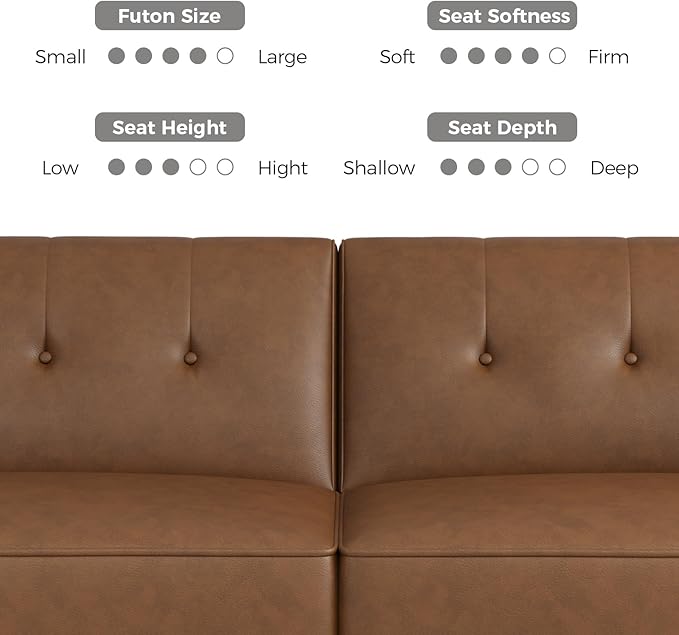 89” Futon Sofa Bed, Faux Leather Futon Couch Bed with 2 Square Pillows, Convertible Sleeper Sofa with Adjustable Backrest& Armrests, Modern Loveseat Sleeper for Living Room, Bedroom, Brown-Ruum Studio Home