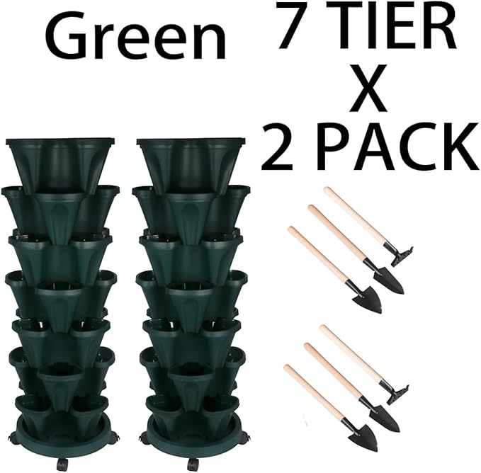 Vertical Planter 7 Tier Stackable Planters Garden Planters Strawberry Herb Flower and Vegetable Planter Indoor Outdoor Gardening Pots with Removable Wheels and Tools 2-Pack-Ruum Studio Home