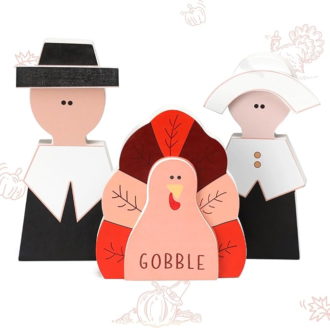 Amorita Fall Thanksgiving Decorations Wooden Turkey Pilgrim Couple Table Sign 3 Pcs Fall Thanksgiving Decor Standing Tabletop Sign Decor for Autumn Harvest - Z-Ruum Studio Home