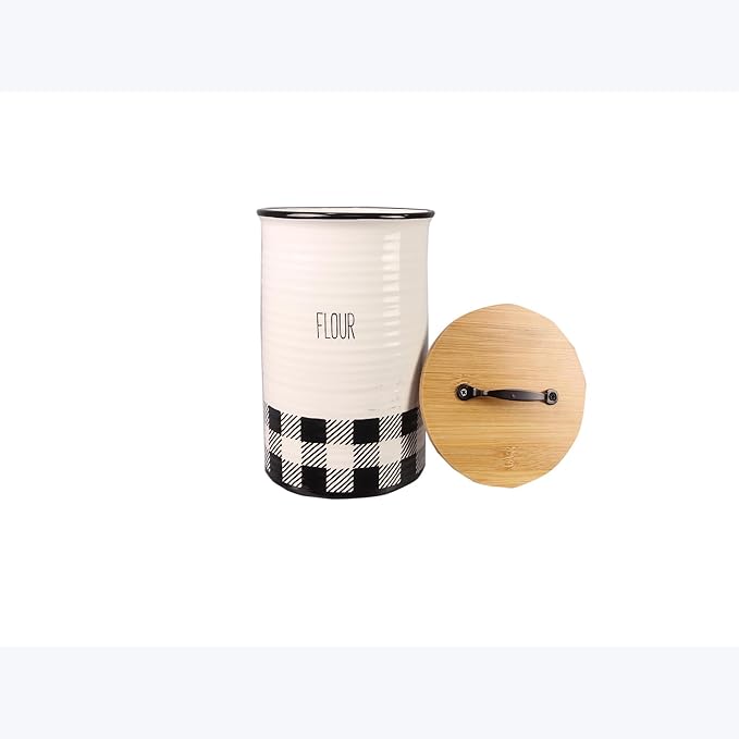 Young's Inc. 4 Pcs Set Plaid with Bamboo Lids Ceramic Canisters- Storage Container for Kitchen and Bathroom - Beautiful Home Decor Accent to Store Food, Coffee, Tea, and More - Black, White-Ruum Studio Home