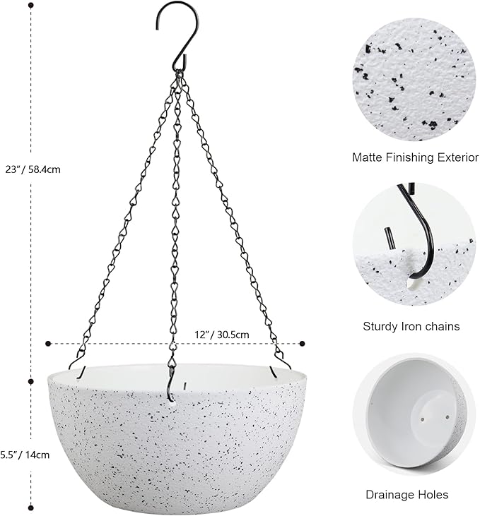 12 inch Large Hanging Planters for Indoor Outdoor Plants, 2 Pack Hanging Flower Pots with Drainage Holes and Chain for Garden Porch, Plastic Hanging Baskets for House Plants, Speckled White-Ruum Studio Home