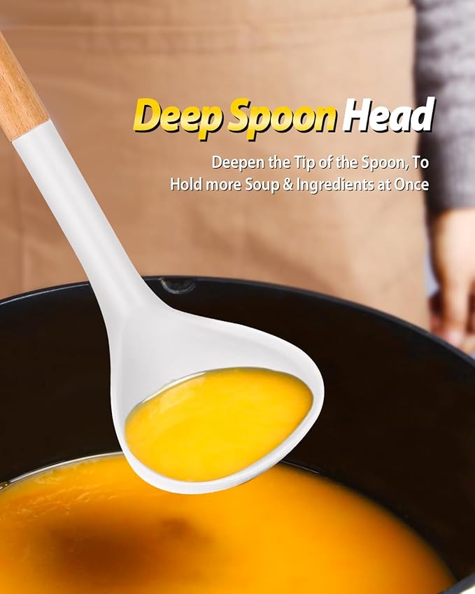 Silicone Pasta Fork and Ladle Spoon Set with Wooden Handle, Heat Resistant Non Stick Kitchen Utensils for Cooking, Stirring, Serving Spaghetti, Soup, Sauce(WHITE)-Ruum Studio Home