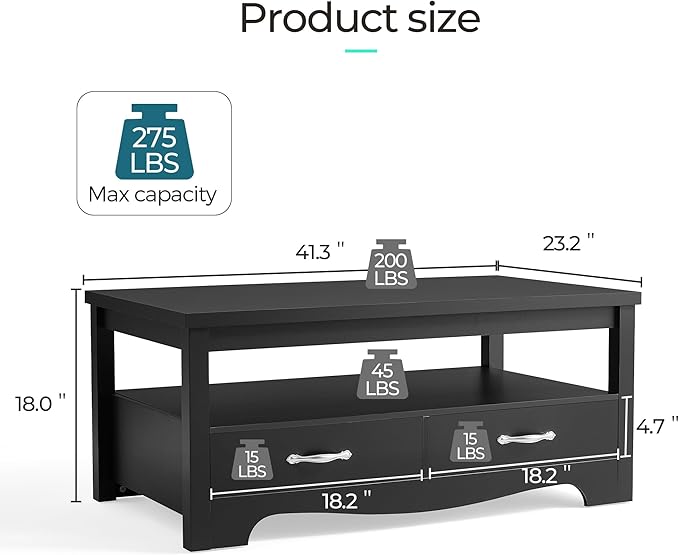 LINSY HOME Farmhouse Coffee Table with Storage, Wood Coffee Table for Living Room, Open Display Area and Storage Drawers with Metal Handles, Chic Style with Curved Base, Black-Ruum Studio Home