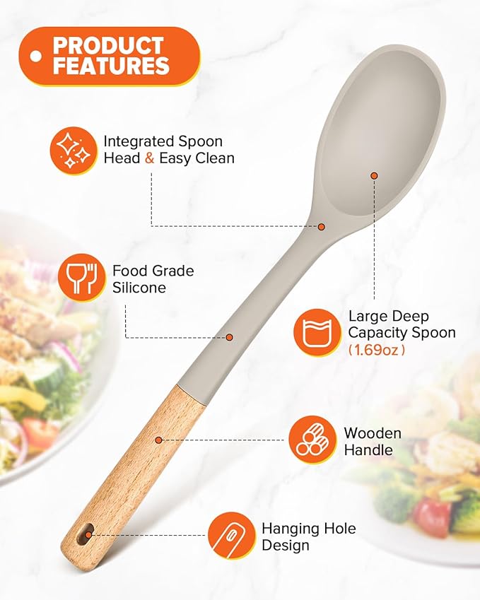 Silicone Cooking Spoons, Great for Scooping Sides and Serving Hearty Stews, BPA-Free Matte Silicone, Wooden Handle Serving Spoon for Nonstick Cooking Surfaces (Khaki)-Ruum Studio Home