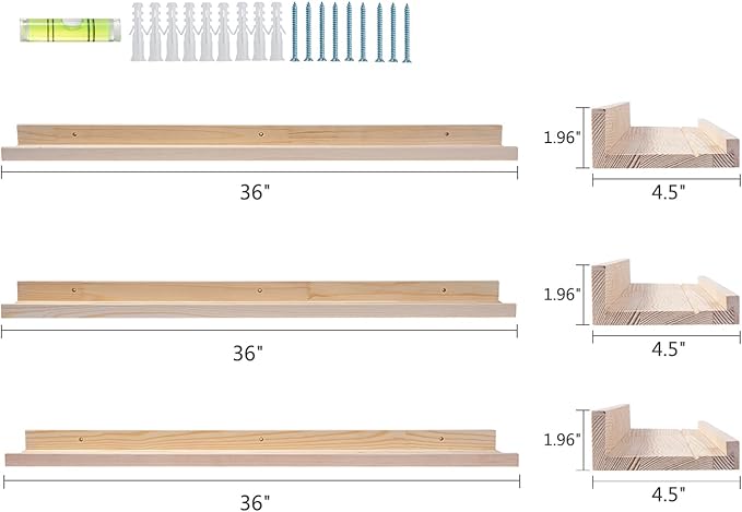 AZSKY 36 Inch Picture Ledge Shelf Solid Wood Large Floating Shelves Wall Mounted Rustic Natural Shelves for Home, Living Room, Bedroom, Bathroom, Office 3 Same Sizes-Ruum Studio Home