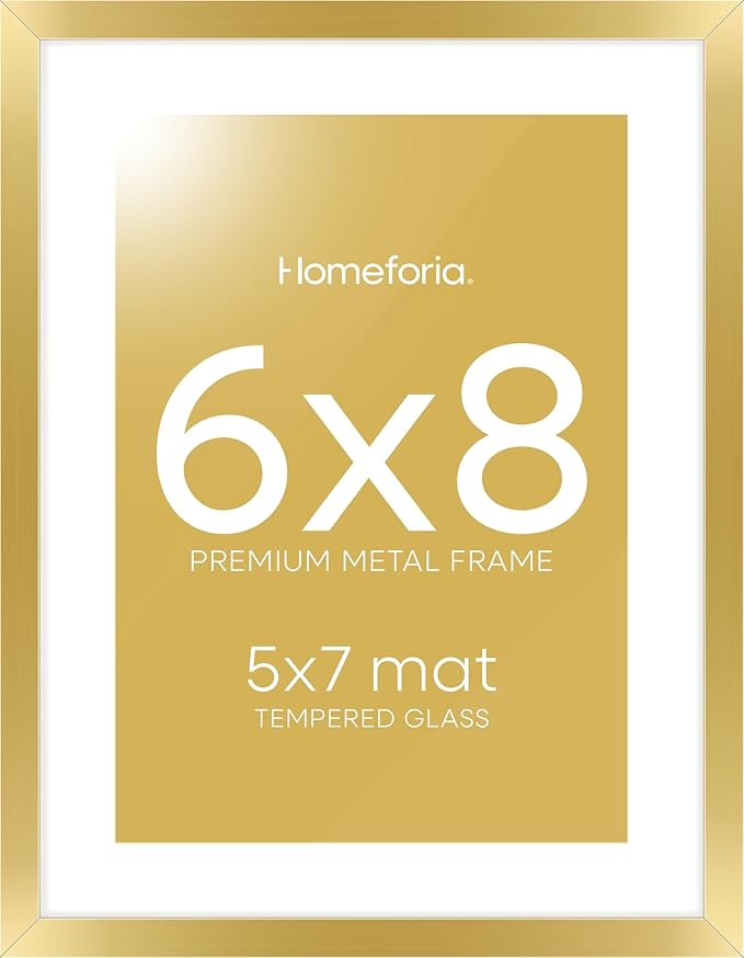 Homeforia 6x8 Picture Frame Gold, High End Metal 6 x 8 Frames with Mat 5 by 7 for Print, Photo Frame 6x8 Gold Matted to 5x7 inches Art, 6by8 Wall or Tabletop Frames, Tempered Glass, Wall Kit, Set of 1-Ruum Studio Home