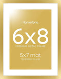 Homeforia 6x8 Picture Frame Gold, High End Metal 6 x 8 Frames with Mat 5 by 7 for Print, Photo Frame 6x8 Gold Matted to 5x7 inches Art, 6by8 Wall or Tabletop Frames, Tempered Glass, Wall Kit, Set of 1-Ruum Studio Home