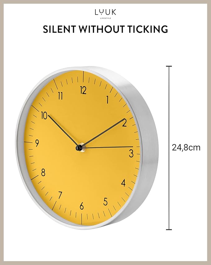 LUUK LIFESTYLE 10” Quartz Wall Clock with Silent Movement, Timeless Scandinavian Design, Kitchen Wall Clock, Decoration for Children's Room, Yellow and Silver-Ruum Studio Home