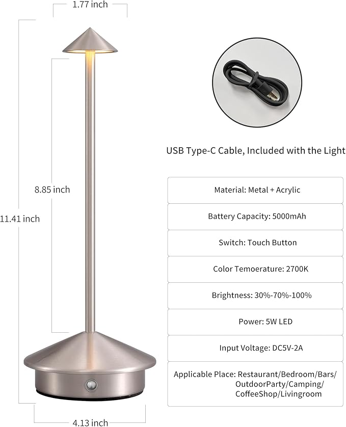 Modern Cordless Table Lamp Set of 2, Portable LED Desk Lamps, 5000mAh Rechargeable Battery Operated Lighting for Bedroom Dining Room Restaurant Coffee Shop Camping Night Light (Brushed Nickel)-Ruum Studio Home
