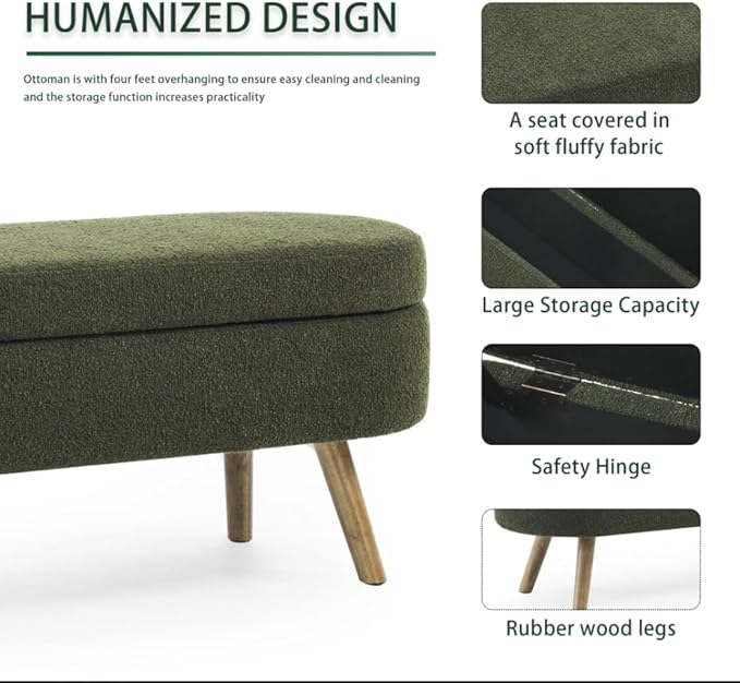 Oval Storage Bench 43.5" Linen Fabric Upholstered Entryway Bench with Solid Wood Legs Ottoman Bench Indoor Bench for Living Room/Bedroom/End of Bed/Entryway (Dark Green)-Ruum Studio Home