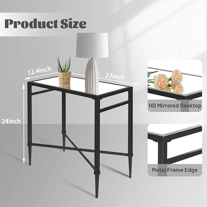Black End Table, Rectangle Side Table with Mirrored Top, Modern Metal End Table, Small Narrow Side Table for Living Room, Balcony, 22" L x 12.4" W x 24" D-Ruum Studio Home
