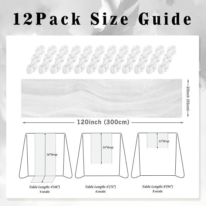 10FT 12 Pack White Cheesecloth Table Runner 20 x 120 Inch Long Rustic Gauze Cheese Cloth Table Runner for Wedding Bridal Baby Shower Table Decorations Boho Fabric Sheer Birthday Party Table Decor-Ruum Studio Home