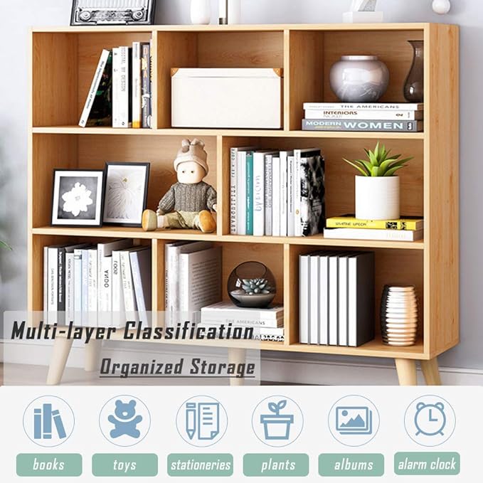 IOTXY Wooden Open Shelf Bookcase - 3-Tier Floor Standing Display Cabinet Rack with Legs, 8 Cubes Bookshelf, Pear Yellow-Ruum Studio Home