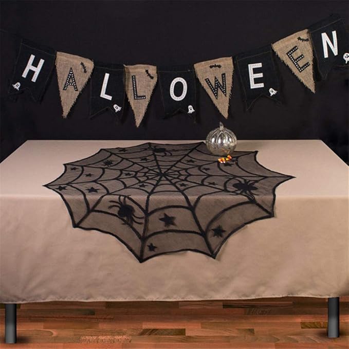 40 Inch Round Spider Web Lace Table Topper Black Halloween Spider Web Tablecloth Party Decoration-Ruum Studio Home