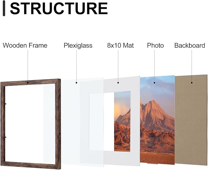 Vittanly 11x14 Picture Frames Set of 9, Shatter Resistant Plexiglass, Display 8x10 Pictures with Mat or 11x14 without Mat, Photo Frames for Wall or Tabletop, Engineered Wood, Brown-Ruum Studio Home