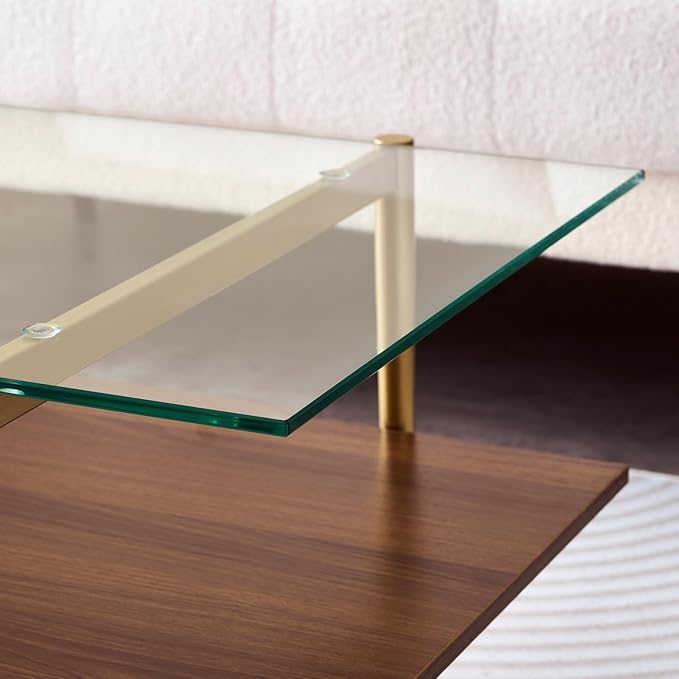 Rectangle Coffee Table, Mid-Century Modern Design, L41 W21 x H17, for Living Room, 2-Tier Structure, Clear Glass Top and Walnut MDF Shelf, Sleek Conical Metal Legs with Gold Finish-Ruum Studio Home