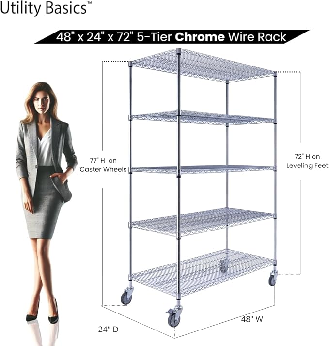 48"x24"x72" Chrome 5-Tier PREMIUM Wire Shelving NSF 4000 LBS MAX CAPACITY Heavy Duty Steel Storage Rack for Warehouses, Garages, Hospitals, Commercial Spaces, & Schools w/PREMIUM WHEELS-Ruum Studio Home