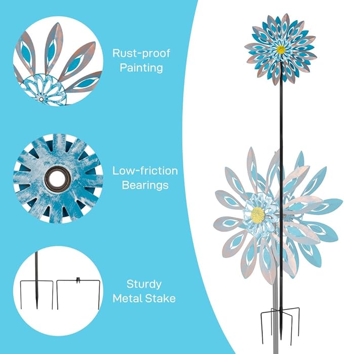 Viveta Wind Spinners,18 * 81" Large Outdoor Wind Spinner,Double-Side Wind Sculpture with 4 Sturdy Stake,Metal Windmill for Yard and Garden-Ruum Studio Home