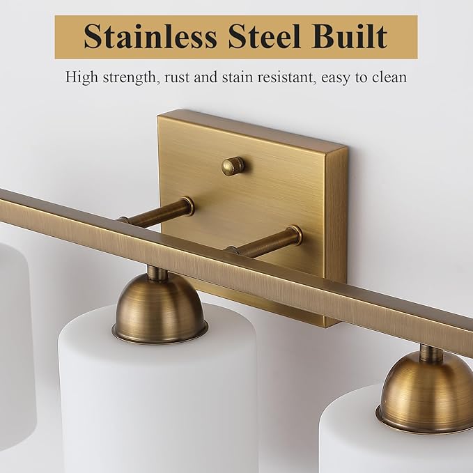 Stainless Steel Milk Glass Vanity Lights for Bathroom, 3 Light Brass Bathroom Light Fixtures Over Mirror, Ceramic E26 Sockets Wall Mounted-Ruum Studio Home