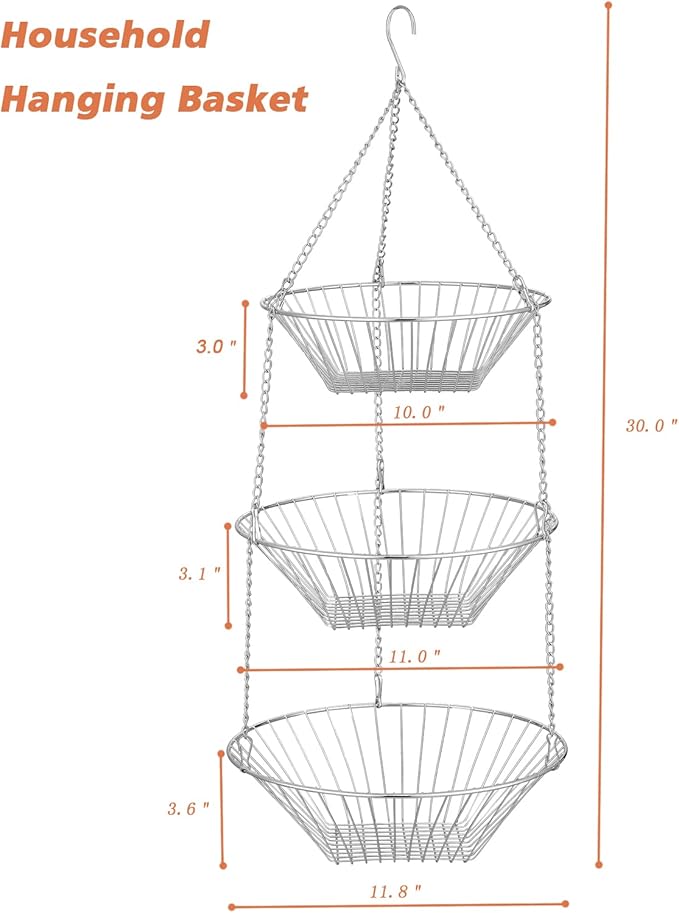 3-Tier Wire Fruit Hanging Basket 2 Packs, non-Punching Wall Hanging Storage, Kitchen Bathroom Organization Basket, Suitable for Bathroom, Kitchen, Closet, Garden, Chrome-Ruum Studio Home