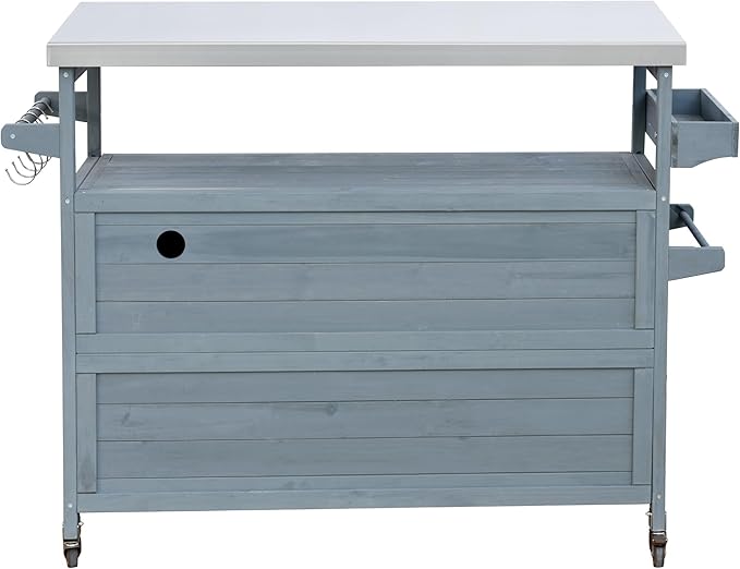 Outdoor Solid Wood Grill Table with Stainless Steel Top, Farmhouse Kitchen Island with Storage Cabinet, Outdoor Bar Cart with Internal Storage Rack, Spice & Towel Rack, Grey Blue-Ruum Studio Home
