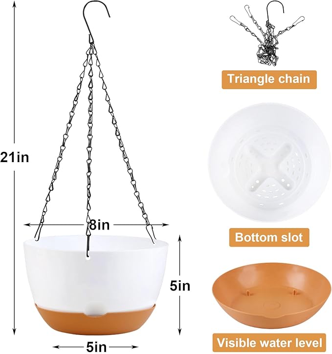 4 Pack Hanging Planter for Plants Indoor,8 Inch Plant Pot Outdoor Plastic Hanging Baskets with Drainage Holes and Chain for Garden Porch Plants(White+Black+Green+Beige)-Ruum Studio Home