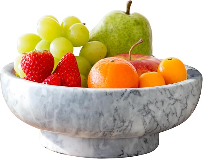 Natural White Marble Bowl with Grey Veins Large Decorative Bowl for Home Decor，Entryway, Fruit Display, Key Holder, Centerpiece (10.2" Diameter)-Ruum Studio Home