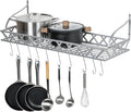 MyGift Wall Mounted Silver-Tone Metal Hanging Kitchen Pots, Pans and Utensils Storage Cookware Rack with 12 Removable S-Hooks and Top Display Shelf for Condiments Spice Rack-Ruum Studio Home