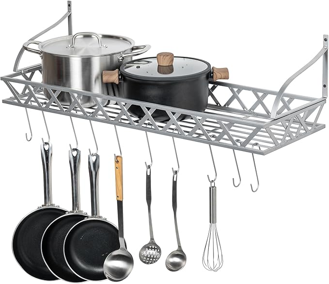 MyGift Wall Mounted Silver-Tone Metal Hanging Kitchen Pots, Pans and Utensils Storage Cookware Rack with 12 Removable S-Hooks and Top Display Shelf for Condiments Spice Rack-Ruum Studio Home