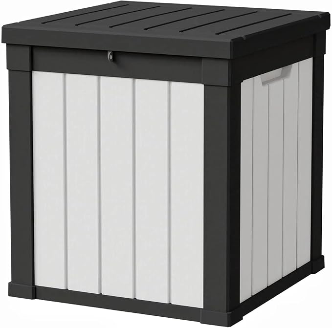 50 Gallon Storage Box, Waterproof Deck Box for Indoor & Outdoor Use, Lockable Pool Storage Bin for Package Delivery, Outdoor Bench for Patio Cushions, Garden Tools, Backyard, Black & White-Ruum Studio Home
