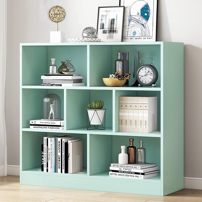IOTXY Open Shelf Low Bookcase - Wooden 3-Tier Floor Standing Display Cabinet Organizer with Base, 7 Cubes Short Horizontal Bookshelf in Tiffany-Green-Ruum Studio Home