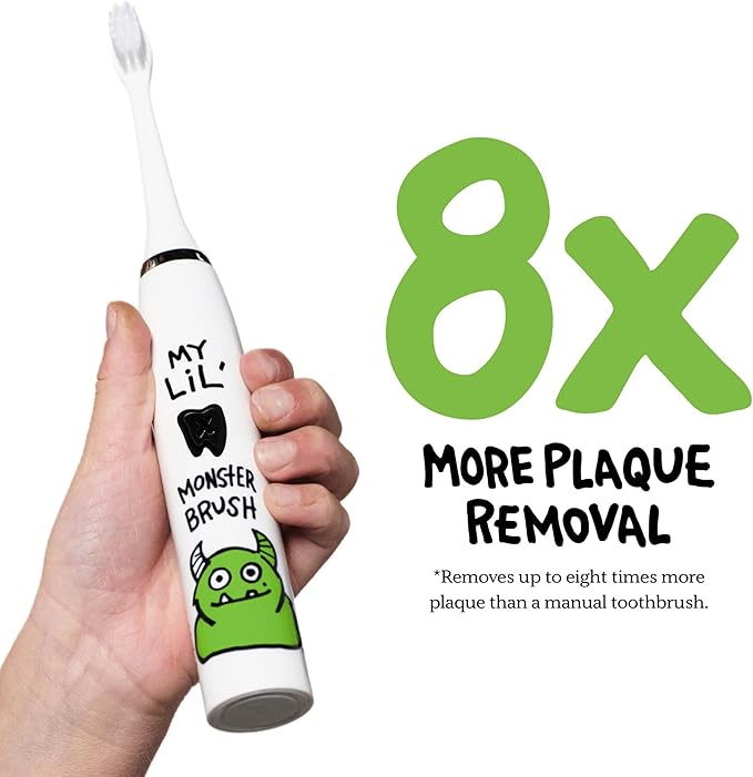 Kids Electric Toothbrush - Rechargeable Vibrating Toothbrush with Timer, Includes 6 Replacement Heads, Gently Cleans Teeth, for Girls and Boys, Kids & Toddlers Age 2+, Monster-Ruum Studio Home