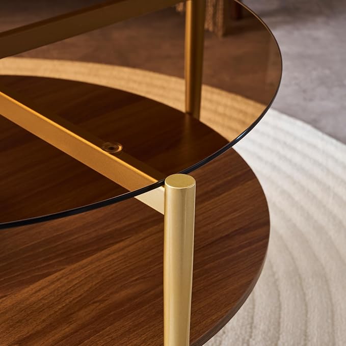 Round Coffee Table, Mid-Century Modern Design, D30 x H17, for Living Room, 2-Tier Structure, Amber Glass Top and Walnut MDF Shelf, Sleek Conical Metal Legs with Gold Finish-Ruum Studio Home