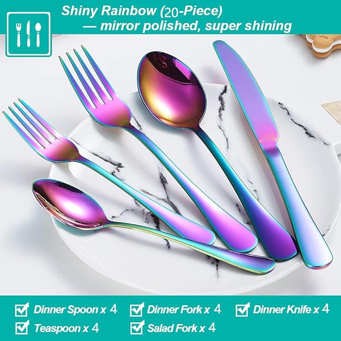 20 Pcs Rainbow Silverware Set for 4, Food Grade Stainless Steel Flatware Set, Eating Utensils Sets Include Fork/Knife/Spoon,Home Kitchen Tableware Set, Reusable Cutlery Set, Dishwasher Safe-Ruum Studio Home