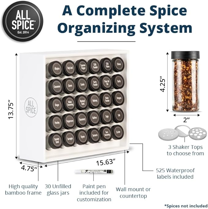 AllSpice Spice Rack Organizer, Wood, 525 Unique Labels, Countertop or Wall Mount, Includes 30 4oz Jars- Matte White-Ruum Studio Home