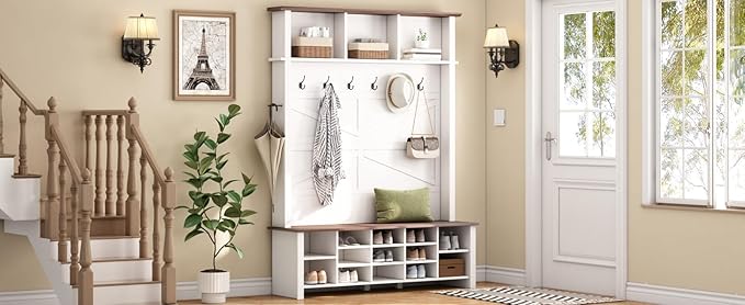 Ball & Cast 4-in-1 Hall Tree with 6 Hooks,Walnut Entryway Bench with Adjustable Shelves,Rustic Shoe Organizer with 16 Open Compartments,for Mudroom,Living Room,Hallway,White-Ruum Studio Home