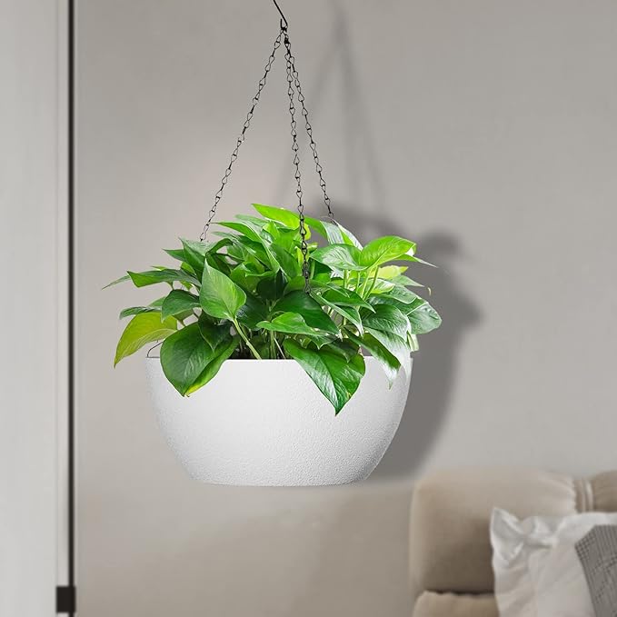 10 inch Hanging Planters for Outdoor Indoor Plants with Drainage Holes and Chain, 2 Pack Round Hanging Flower Plant Pots for Garden Home Porch Decor, White-Ruum Studio Home
