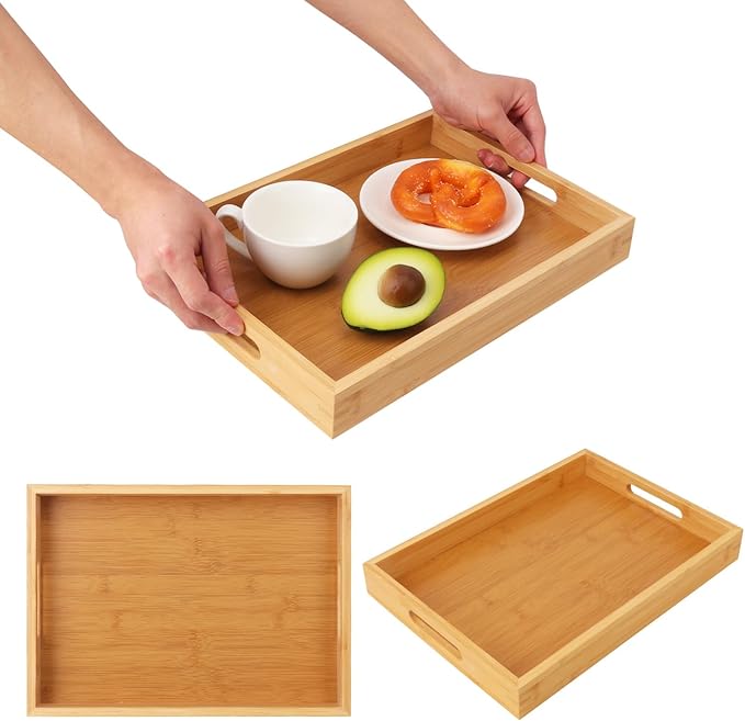 3 Pack Large Bamboo Serving Tray with Handles, 14 x 10 inch Wooden Dinner Tray, Home Kitchen Breakfast Trays for Living Room Bedroom Kitchen Dinner Table, Picnic-Ruum Studio Home