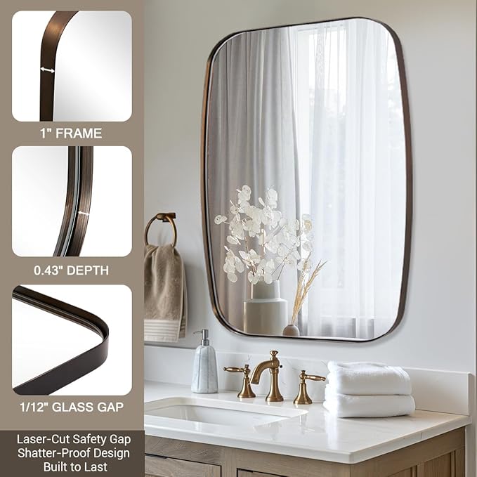 ANDY STAR Brushed Bronze Mirror, 28x36 Inch Stainless Steel Metal Frame Oblong Bathroom Mirror for Vanity, 1’’ Deep Wall Mounted Vertically/Horizontal-Ruum Studio Home