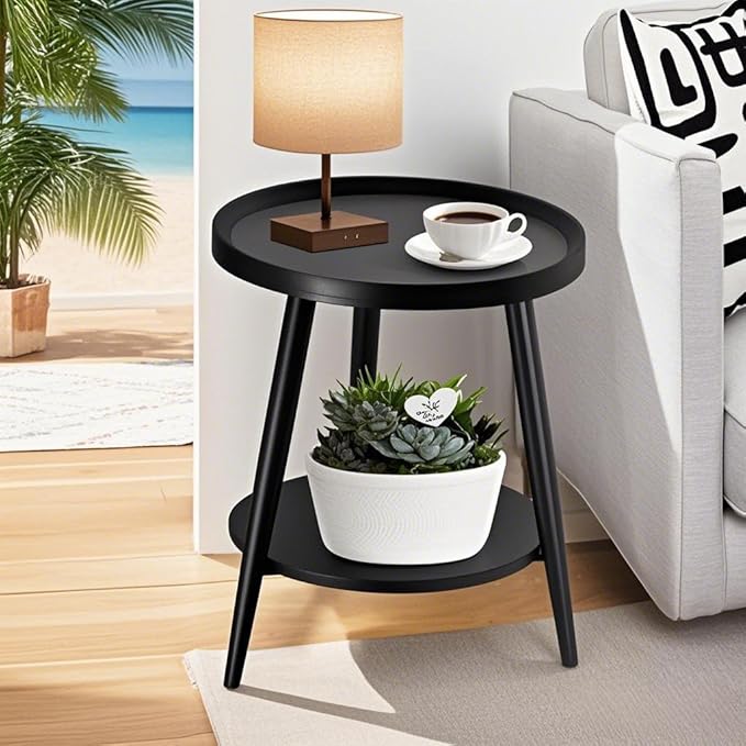 Small Round Side Table, 2-Tier Mid Century Modern Side Table, Round End Table Small Side Table for Living Room, Metal Frames, Black-Ruum Studio Home