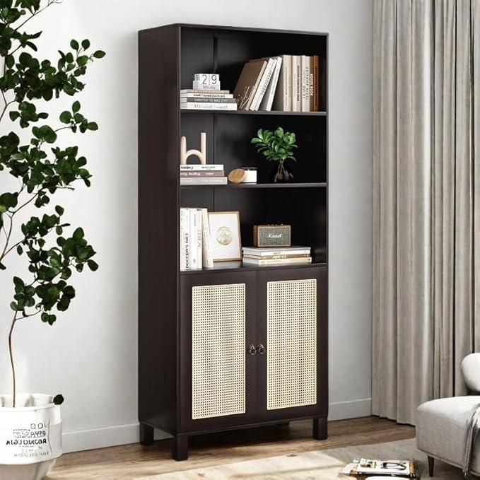 Tall Bookshelf, 5-Tier Book Shelf with 2 Rattan Doors, Freestanding Bookcase Display Shelves with Large Storage, Book Case for Living Room, Office, Study, Bedroom, 70.9 Inch-Ruum Studio Home