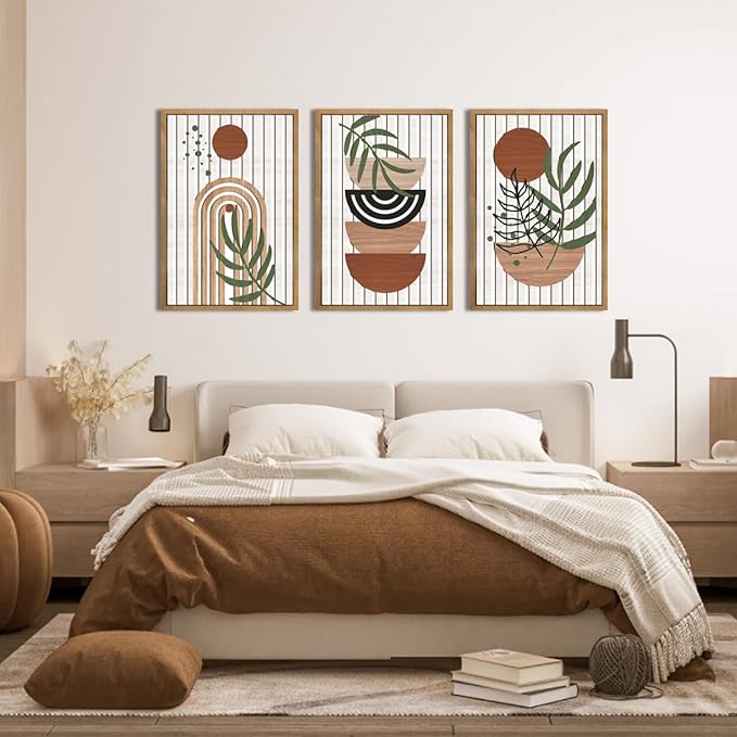 Large Boho Mid Century Wood Wall Art Set Modern Bohemian Wooden Wall Decor Minimalist Leaf Art Decor Abstract Geometric Wall Sculptures for Living Room Bedroom Office-16x24Inchx3-Ruum Studio Home