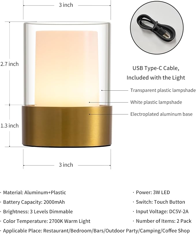 LED 4" Small LED Battery Operated Lamp Set of 2, Cordless Rechargeable Table Lamp, Mini Night Light, Waterproof Outdoor Desk Lamp for Bathroom Bar Dining Room Nursery Baby Coffee Shop (Bronze)-Ruum Studio Home